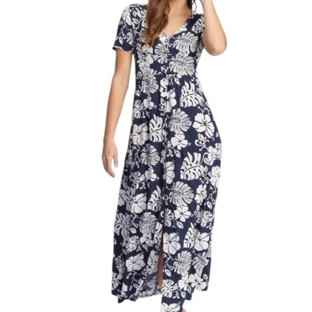 NWT Roxy Tropical Floral Ocean Echo Maxi Button Down Shirt Dress Navy Size‎ XL